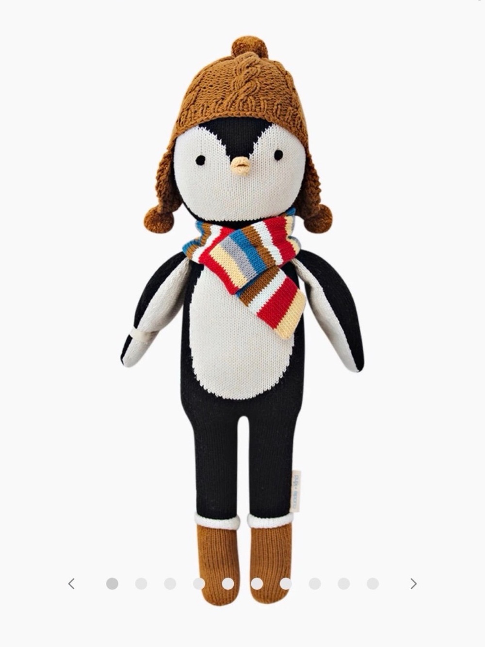 Cuddle and Kind Knit Penguin Plush Toy with Brown Hat and Multi-Color Scarf